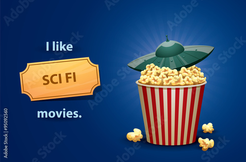 Vector Sci Fi movies. Cartoon image of a red and white popcorn bucket with grey metallic spaceship on top, symbolizing a Sci Fi movies on a bright blue background. 