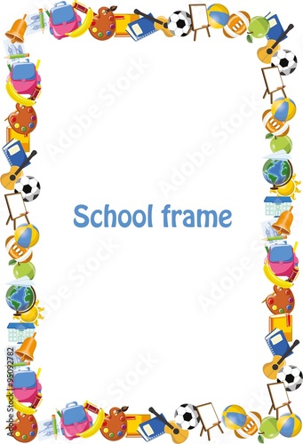 Cartoon students and school stuffs, banner frame