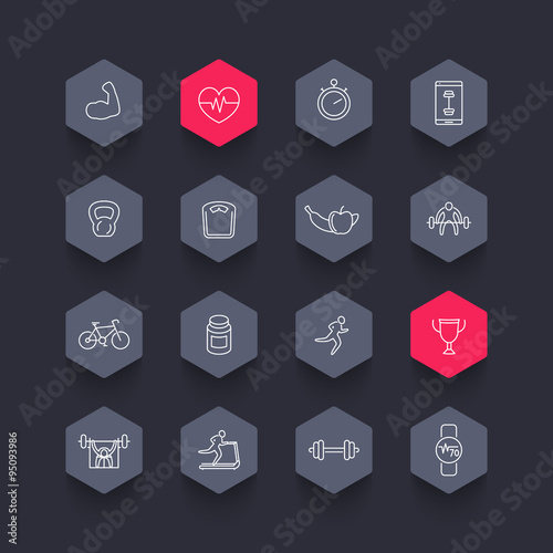 16 fitness, gym, training line hexagon icons, vector illustration