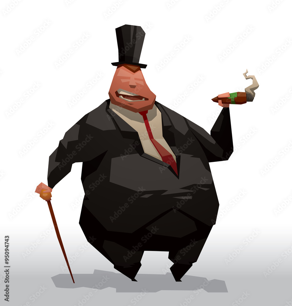 Vector cartoon image of a fat businessman in a black suit, white shirt