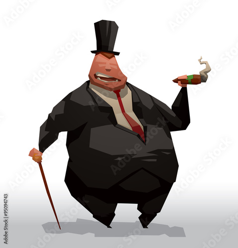 Vector cartoon image of a fat businessman in a black suit, white shirt, red tie and black tall hat with brown cane in one hand and a cigar in the other hand on a light background.
