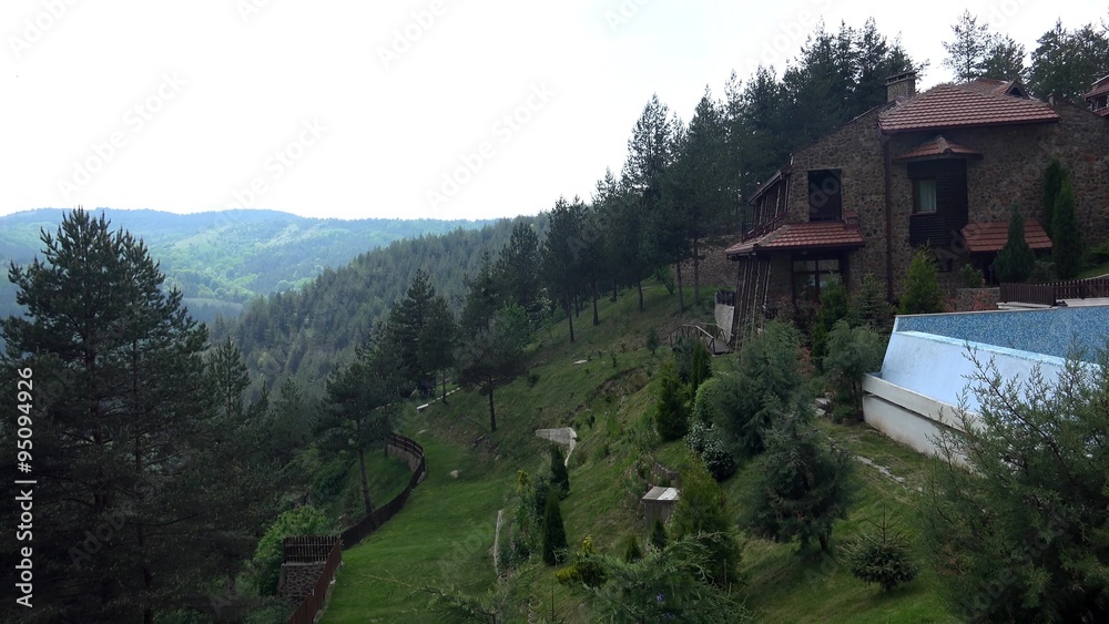 Establishment shot of mountain stone house luxury Establishment shot of mountain stone house luxury