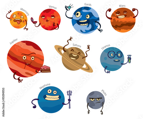 Vector image of the funny planets of the solar system: orange Mercury, red Venus, blue Earth, red Mars, red Jupiter, beige Saturn, blue Uranus, blue Neptune and gray Pluto on a white background.