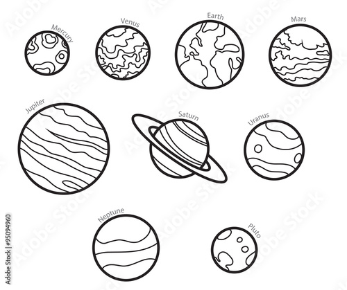Vector Line Solar system planets. A line image of the planets of the solar system:  Mercury, Venus, Earth, Mars, Jupiter, Saturn, Uranus, Neptune and Pluto on a white background.