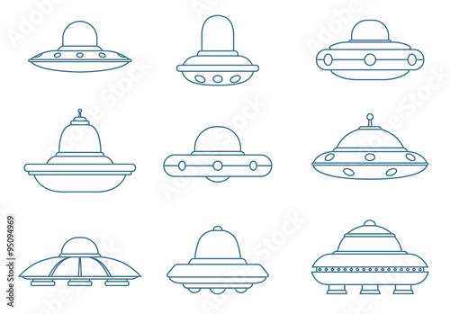Vector Line UFO Spaceships set. Line image of nine spaceships of different sizes on a white background.