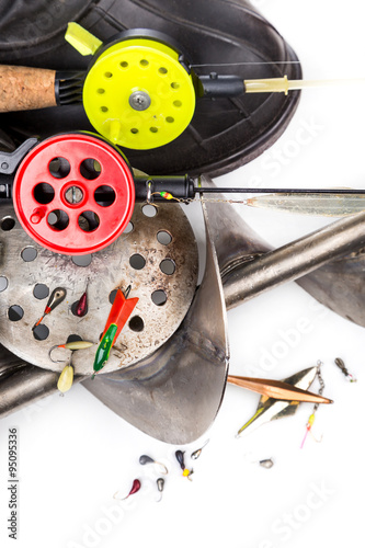 closeup ice fishing tackles and equipment photo