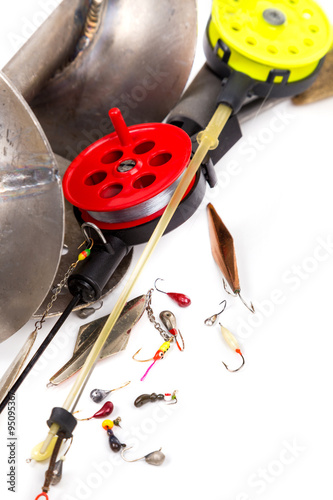 closeup ice fishing tackles and equipment photo