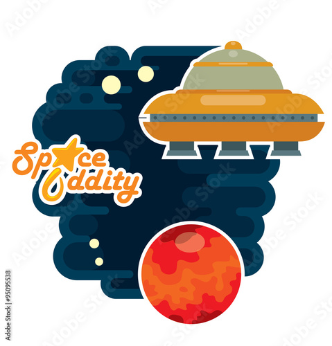 Vector Space cover, Venus. Cartoon Image Space Cover: the red planet Venus, orange-gray spaceship and orange lettering "Space Oddity" on a dark blue star background. 