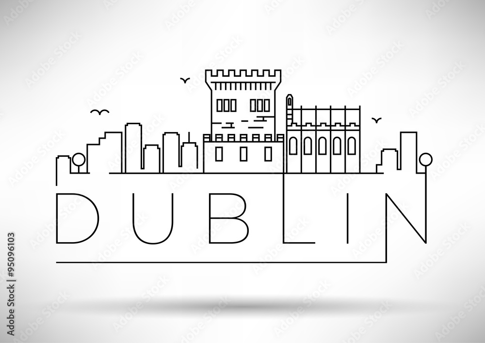 Naklejka premium Liniowa sylwetka miasta Dublin z projektem typograficznym