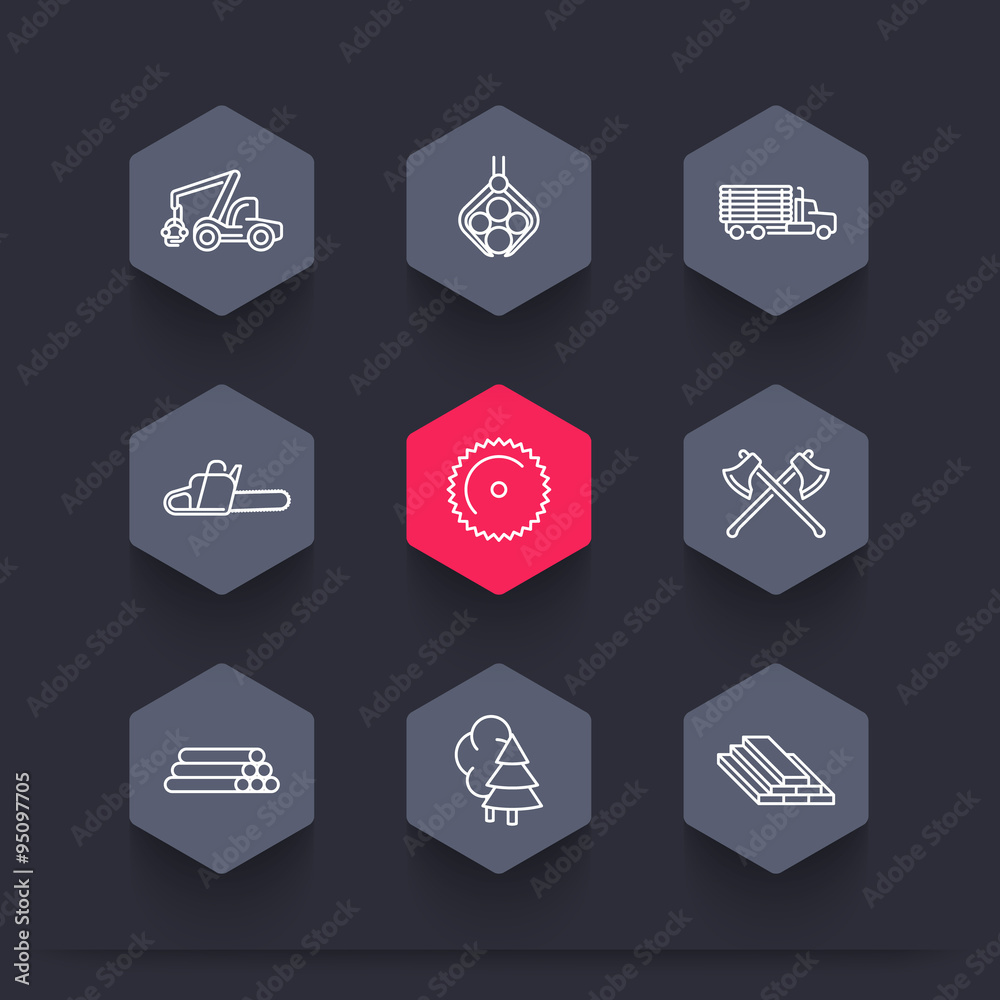 Logging, Forestry, Timber, Tree Harvester, Sawmill, logging truck, line hexagon icons, vector illustration