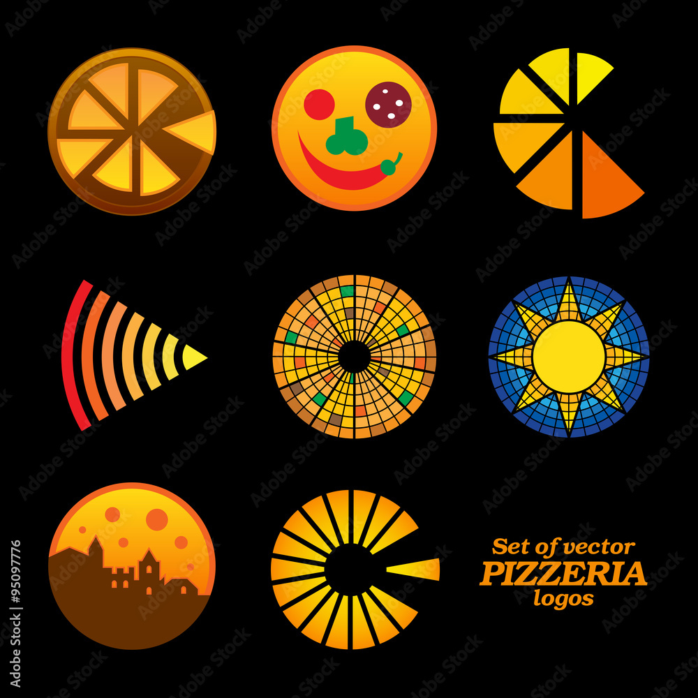 Set of isolated brown and orange round pizzeria logos on black background