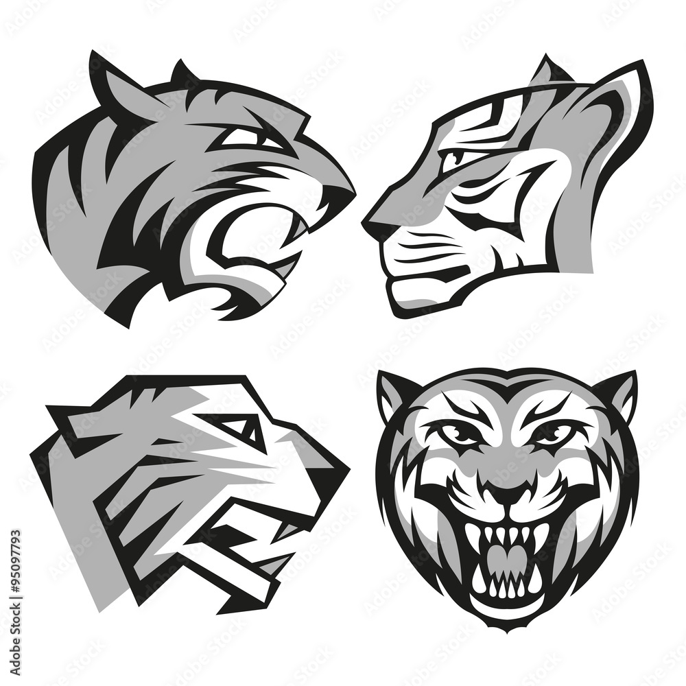 Black and grey tiger head logos set for business or shirt design