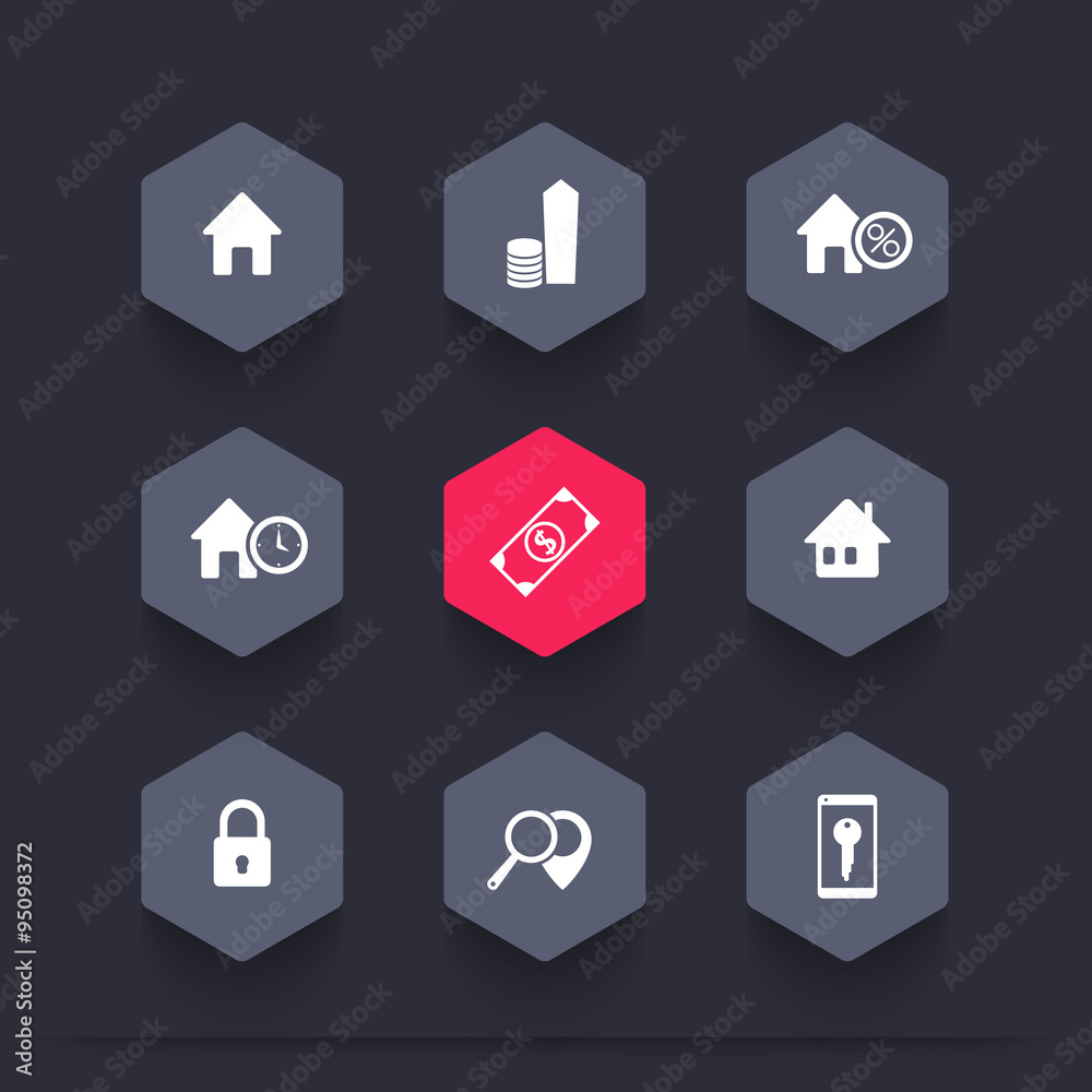 Real Estate, house sale, search, hexagon icons, vector illustration Real Estate, house sale, search, hexagon icons, vector illustration
