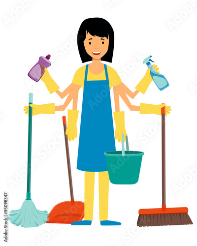 The concept of multitasking housewife. Woman and cleaning tools. Vector illustration