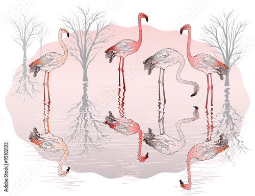 nature background with group of pink flamingo