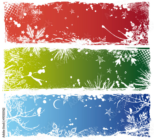 Horizontal Christmas brushstroke banners with snowflakes and texture on red, green and blue 