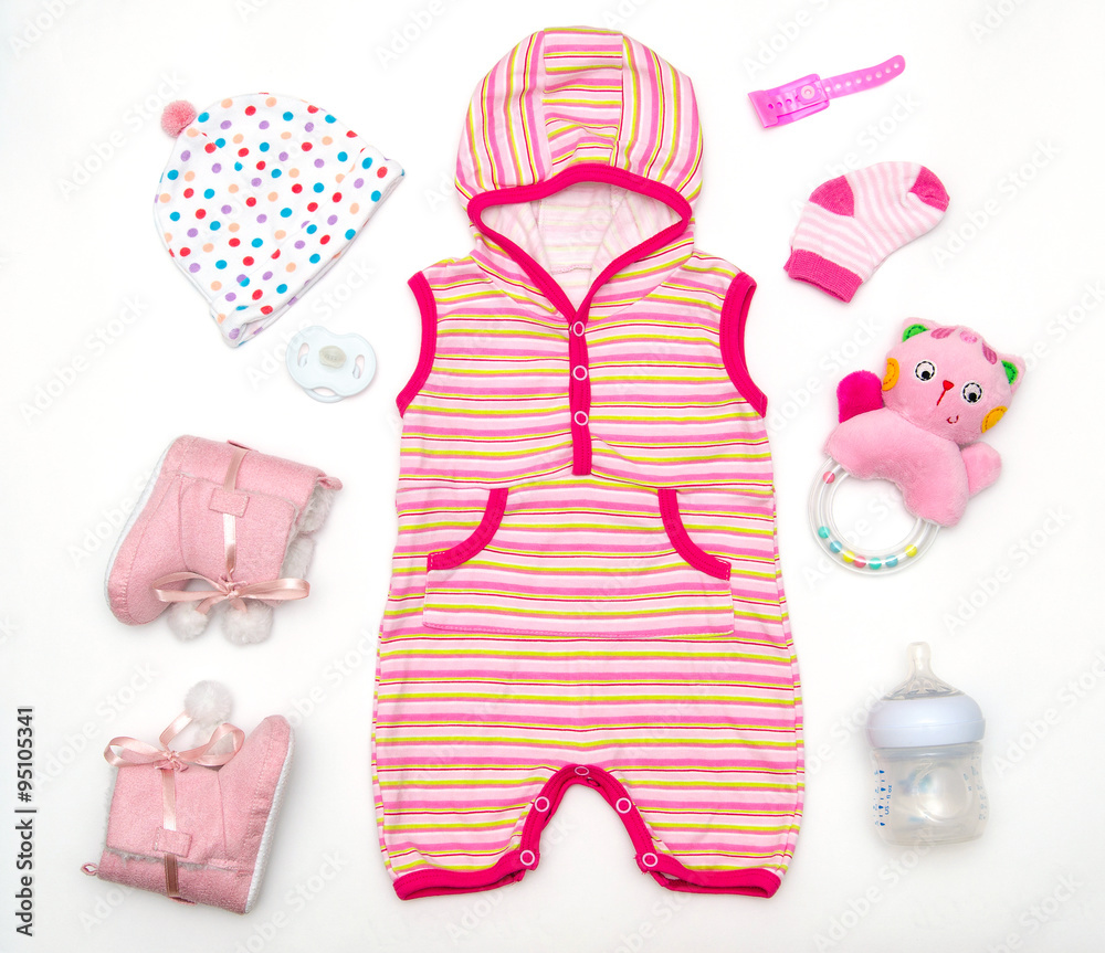 top view of baby girl clothes and toy stuff StockFoto Adobe Stock