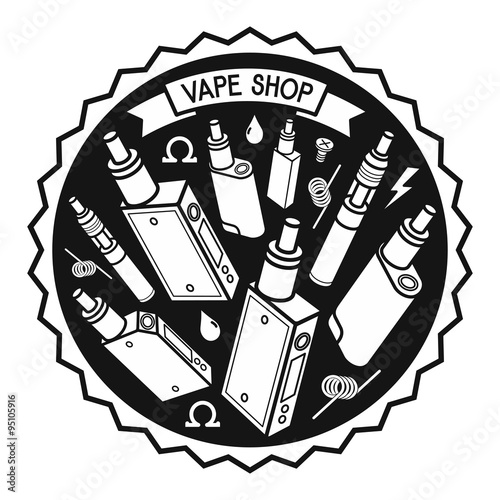 Set of vector  icons and design elements for vape shop, e-cigarette and e-liquid store, isolated 