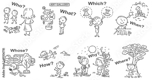 Question words in cartoon pictures, visual aid, black and white outline