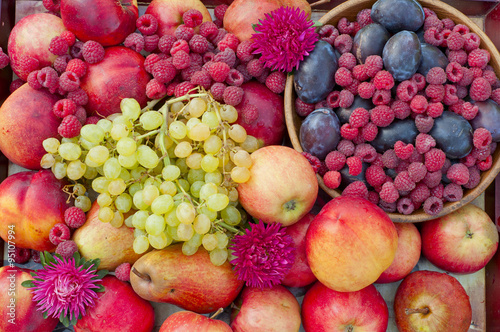 Fototapeta Naklejka Na Ścianę i Meble -  different types of fruit and raspberry closeup with flower aster