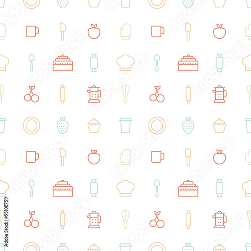 Seamless bakery icons. Kitchen tools background. Cake, cherry, cup, spoon, strawberry pattern on white background