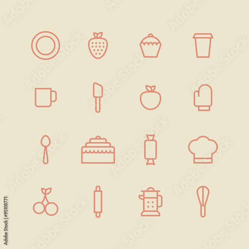 Bakery icon set. Kitchen tools background. Cake, cherry, cup, spoon, strawberry, plate, apple, cupcake on white background