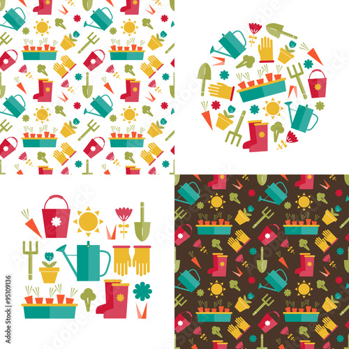 Garden tools set with watering can, gloves, shovel, rake , bucket, flower pot , carrots , broccoli , flowers, crop. Gardening elements seamless pattern.