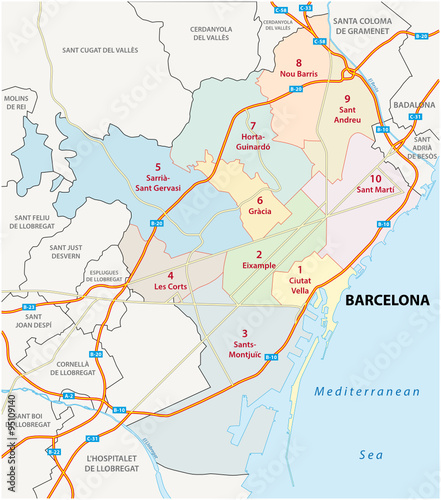 barcelona road and administrative map