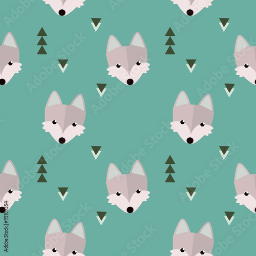 Seamless winter wolf forest pattern. Animal illustration with trees on orange background in vector