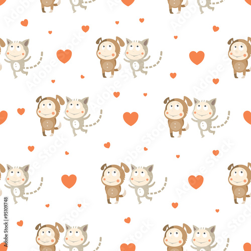 Vector seamless pattern with cartoon children in suits. Little  dogs and cats. Valentine's Day.