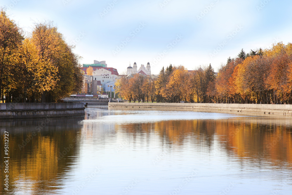 Minsk city. Beautiful autumn park. Autumn in Minsk. Autumn trees and leaves. Autumn landscape. Park in Autumn. 