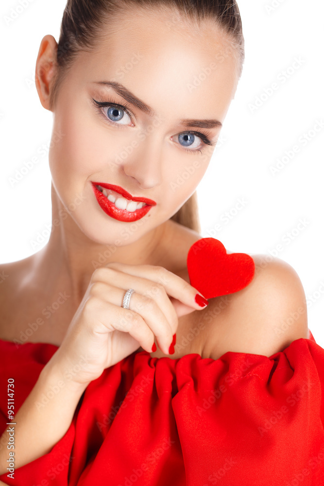 Portrait of beautiful girl with red heart Portrait of beautiful girl with red heart