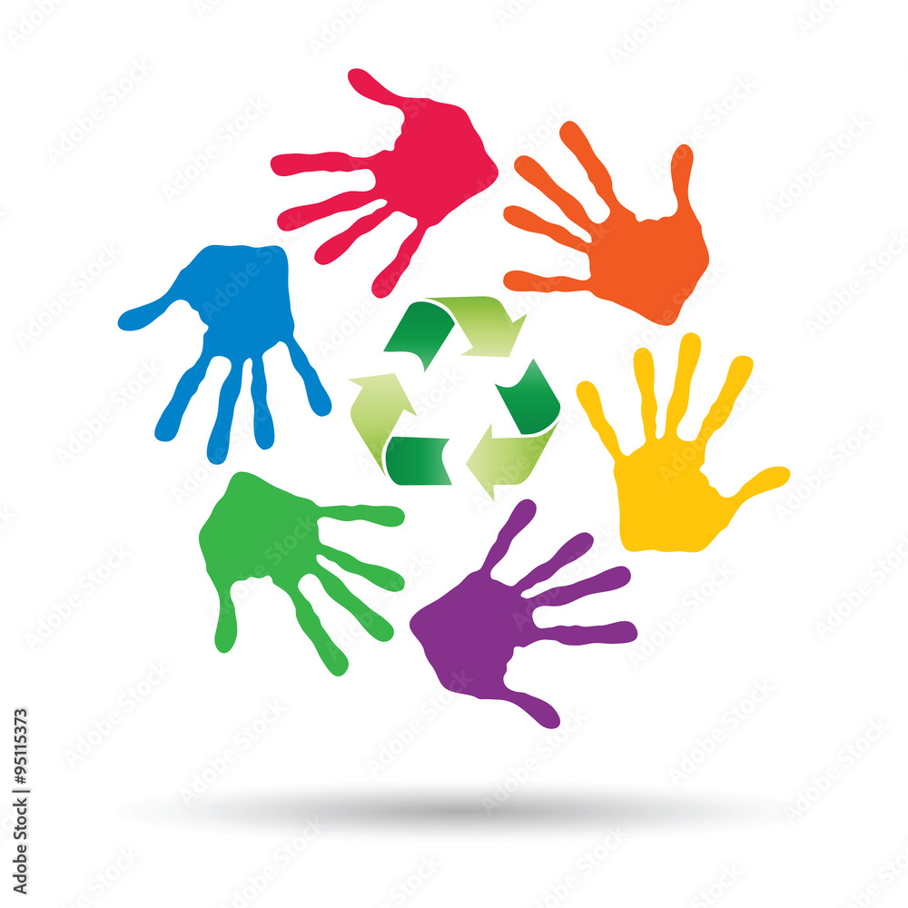 Concept circle of hands, green recycle symbol