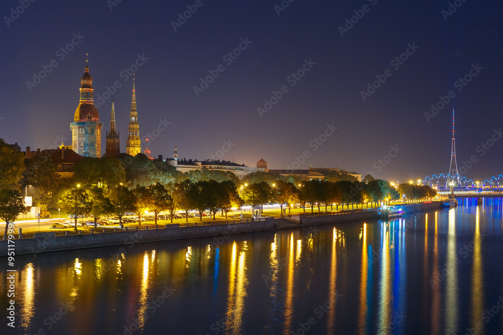 Old Town and River Daugava at night, Riga, Latvia