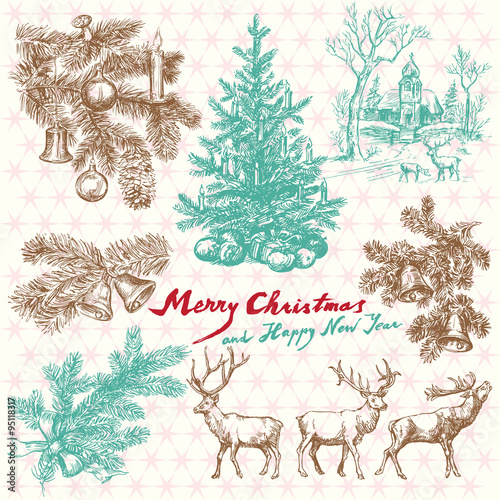 Hand drawn vintage Christmas card