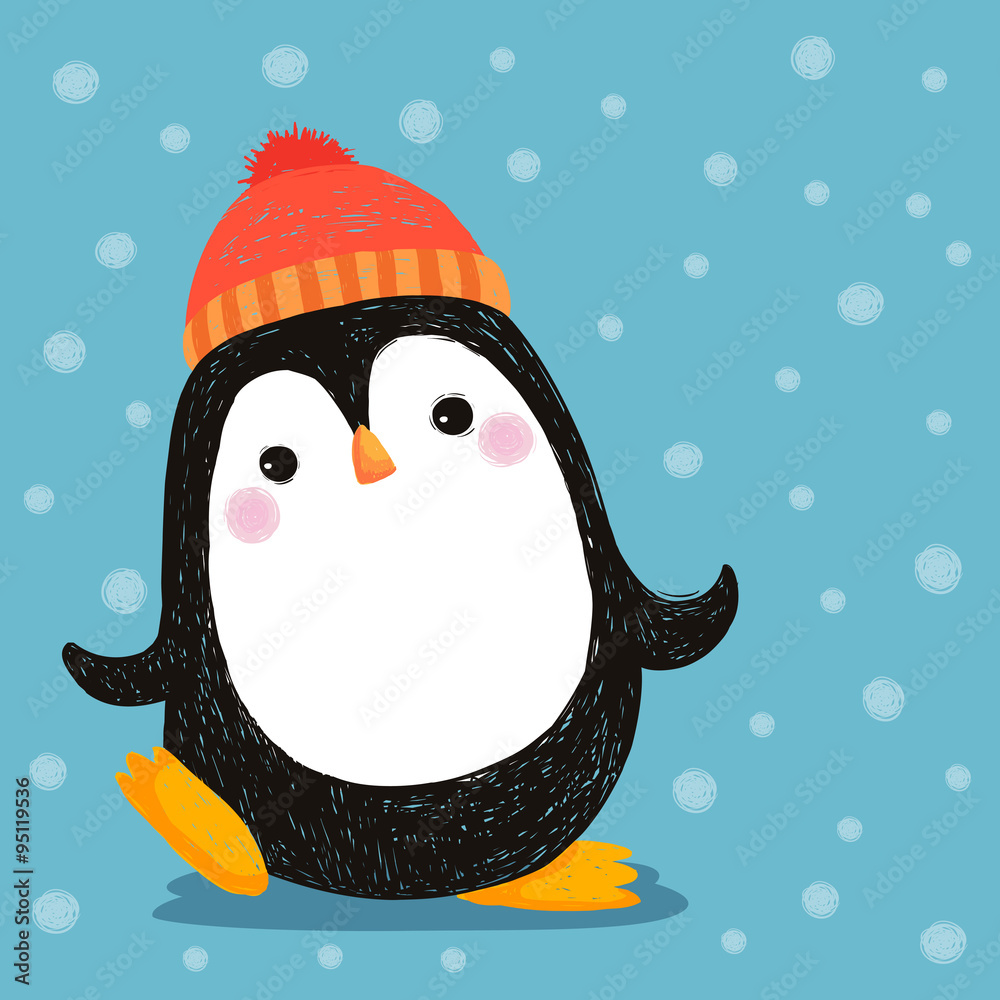 Fototapeta premium Hand drawn of cute penguin wearing red hat