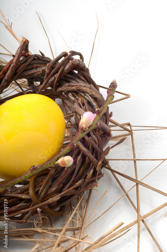 yellow Easter egg in a wicker wreath and with a branch of a blos photo