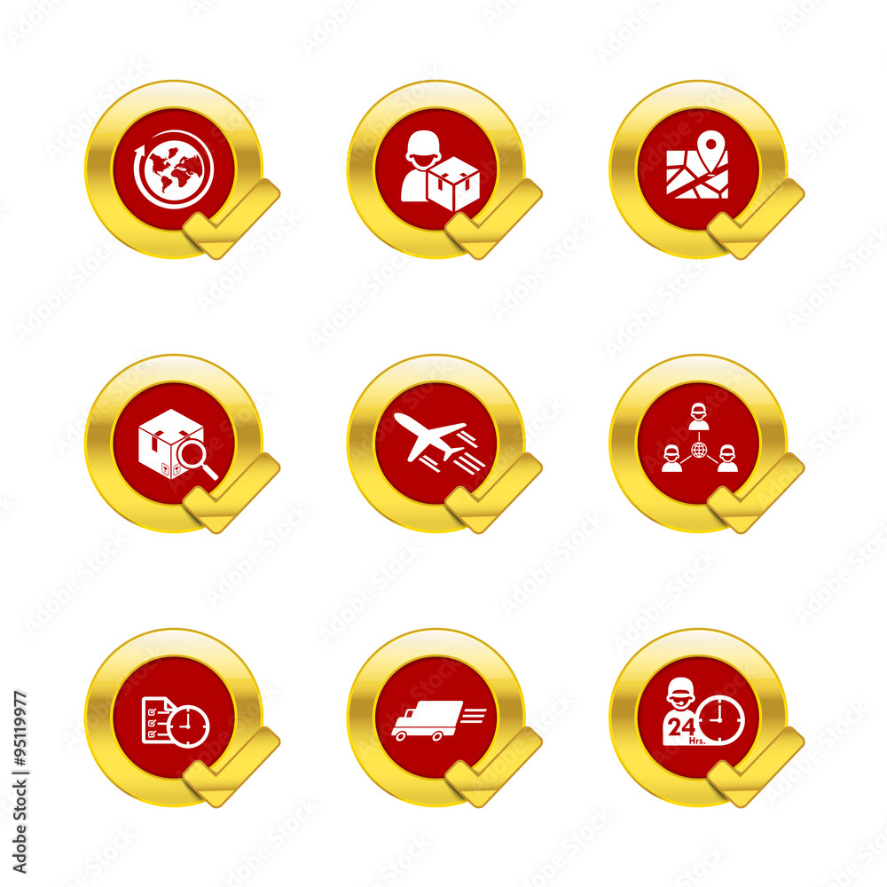 Gold circle and check mark with logistic and transport icons iso