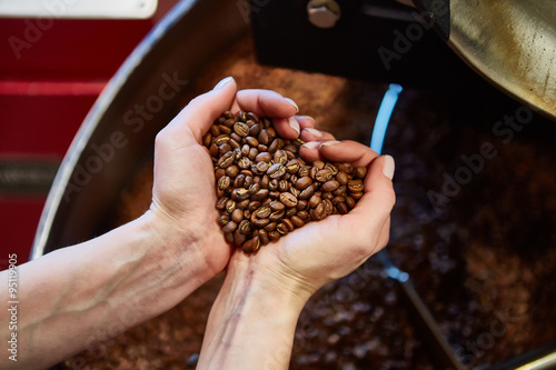 close-up view of roasted coffee beans in hand