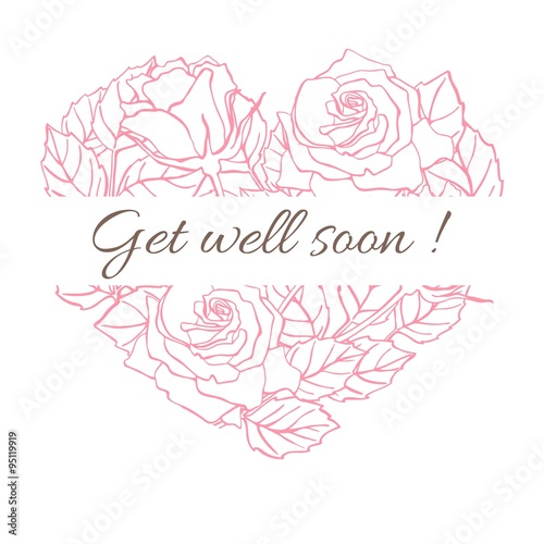 Get well soon. Friendly vector vintage card with flower drawing