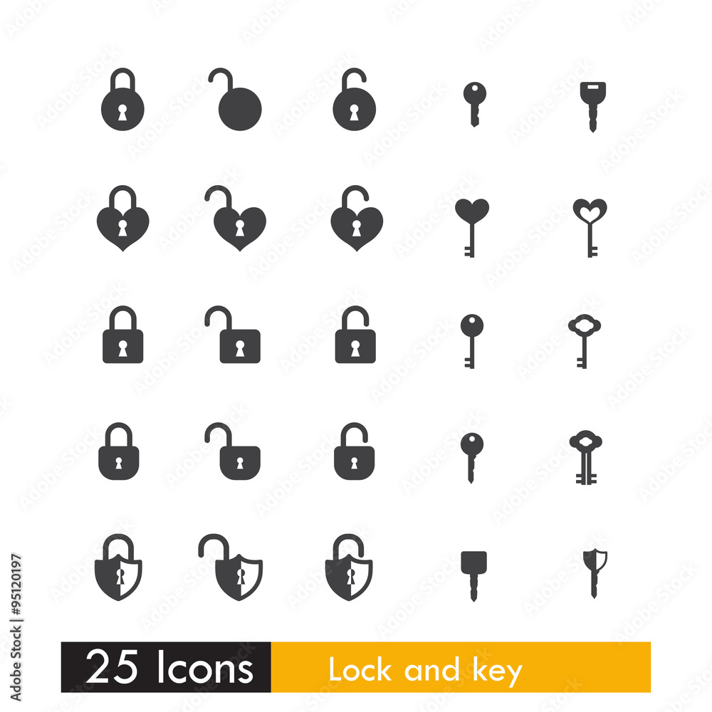 Set of 25 icon key and lock isolated on white background Set of 25 icon key and lock isolated on white background