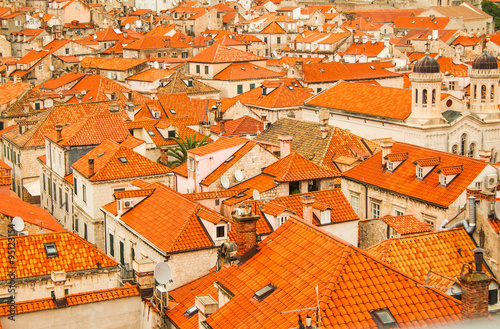  Red roofs of houses in old town Dubrovnik, Croatia, UNESCO site, panoramic view 
