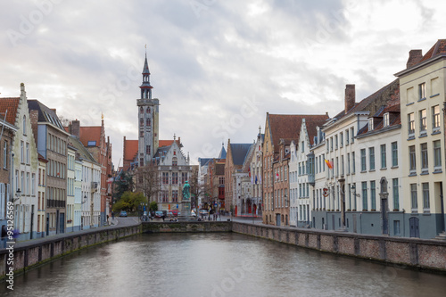 Canal of Bruges with Church by daylight, Belgium