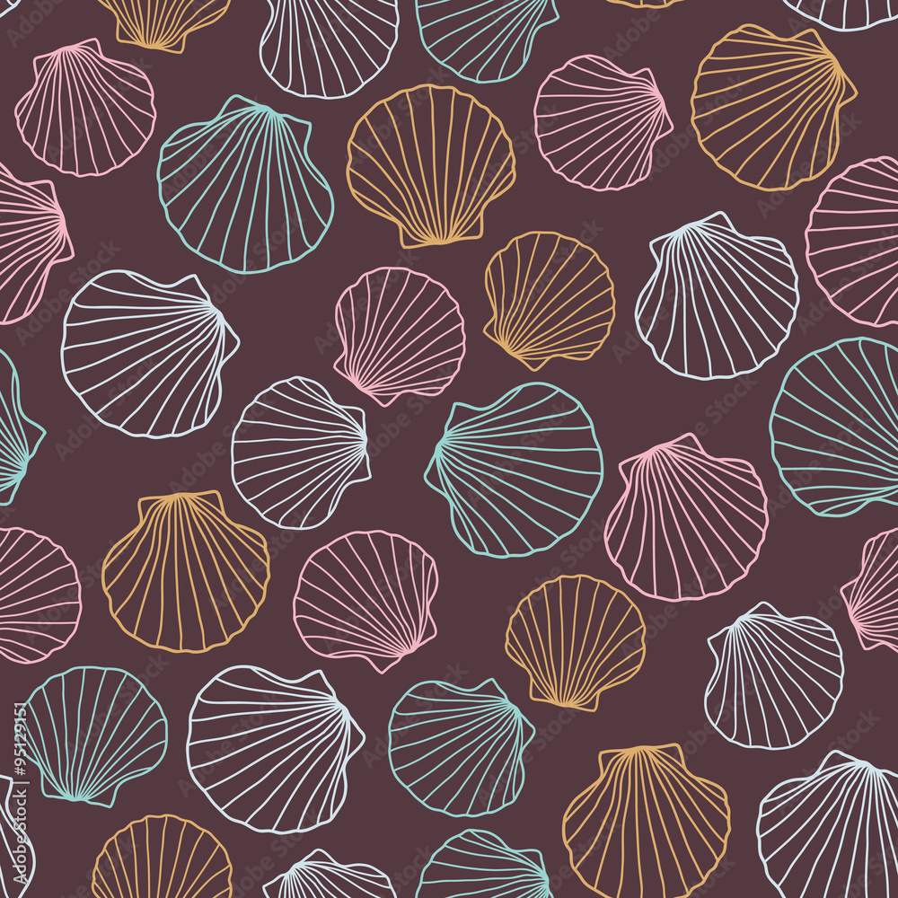 Seashell background. Abstract seamless pattern. Set of colorful starfishes. Endless ornament. Warm brown and pink. Can be used for wallpaper, pattern fills, web page background, surface textures. Seashell background. Abstract seamless pattern. Set of colorful starfishes. Endless ornament. Warm brown and pink. Can be used for wallpaper, pattern fills, web page background, surface textures.