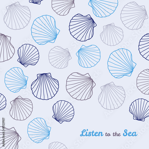 'Listen to the Sea' postcard. Copy space. Vector illustration of shells. Decorative text frame with Hand drawn seashells. Marine life template.
