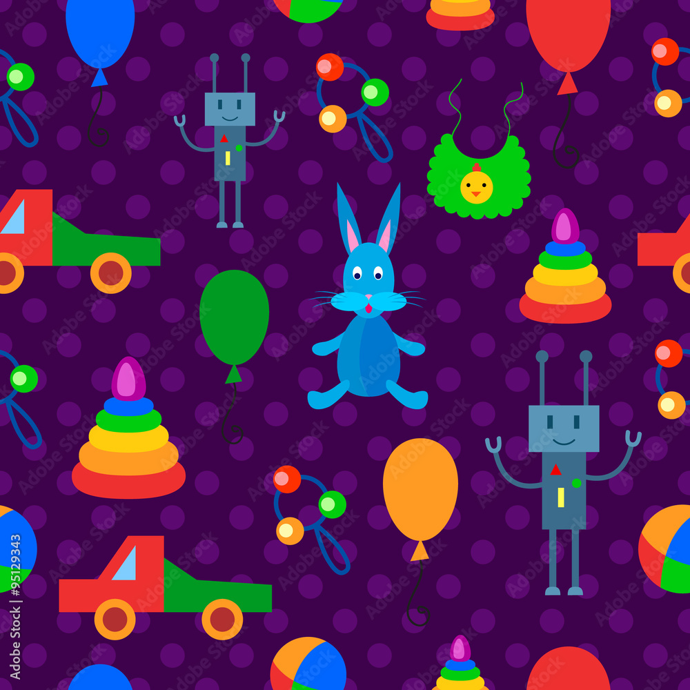 Colorful violet seamless pattern with toys