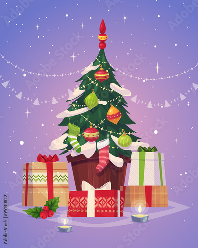 Christmas tree with gifts. Vector illustration.