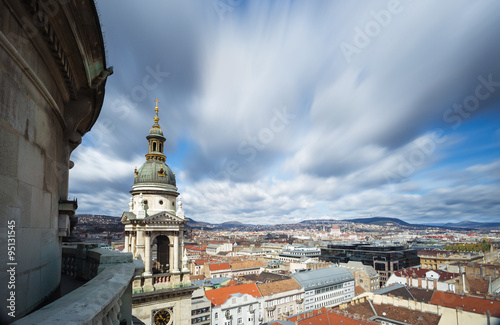 Budapest skyline from the top of St. Stephen's Basilica with moving clouds - Budapest, Hungary