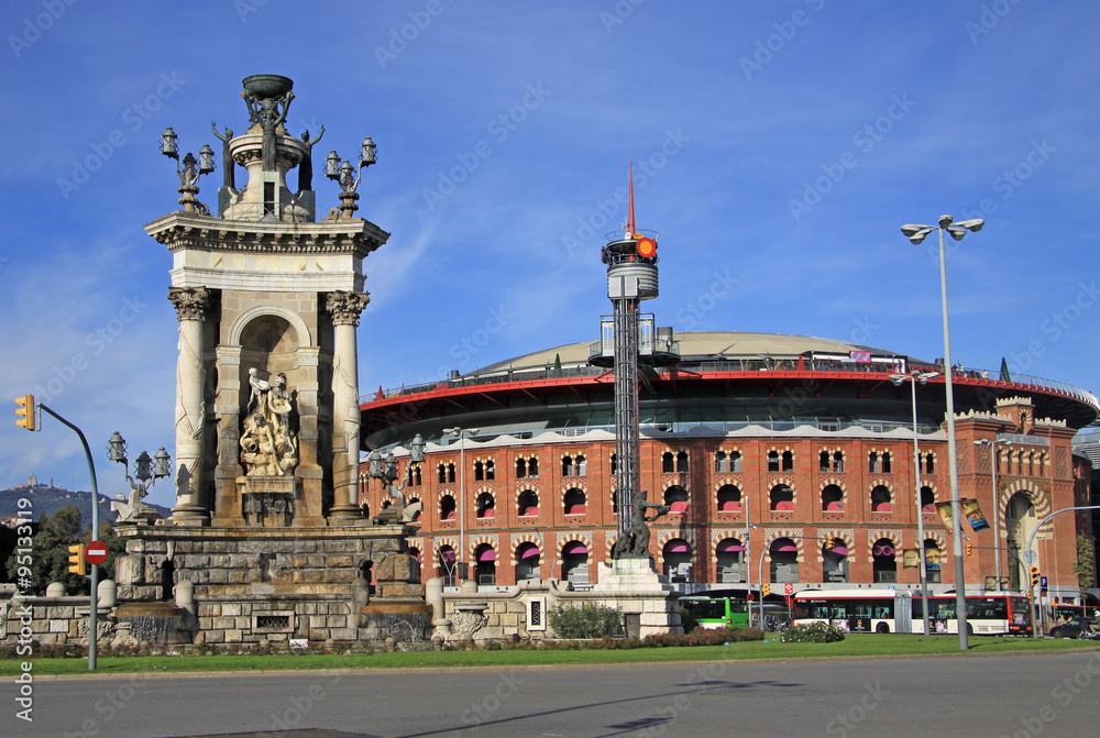 BARCELONA, CATALONIA, SPAIN - DECEMBER 13, 2011: Bullring Arena on Spain Square in Barcelona. Now Arena is a shopping center in Barcelona.