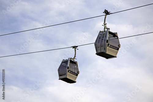 BARCELONA, CATALONIA, SPAIN - DECEMBER 13, 2011: Two Teleferic De Montjuic gondolas in Barcelona's sky